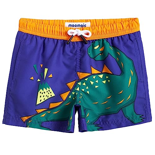 MaaMgic Badehose Jungen Sommer Badeshorts Schnelltrocknend Boardshorts mit Netzfutter Taschen und Verstellbarem Tunnelzug Urlaub Shorts,Blau Navy Orange Dino,10-12 Jahre von MaaMgic