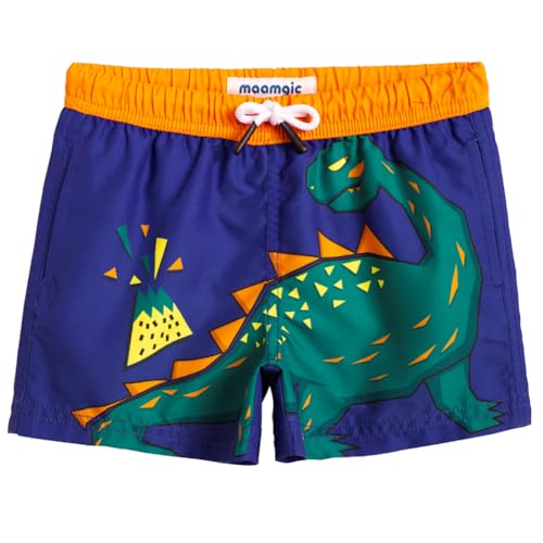 MaaMgic Badehose Jungen Sommer Badeshorts Schnelltrocknend Boardshorts mit Netzfutter Taschen und Verstellbarem Tunnelzug Urlaub Shorts,Blau Navy Orange Dino,2 Jahre von MaaMgic