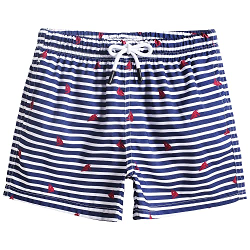 MaaMgic Badehose Jungen Sommer Badeshorts Schnelltrocknend Boardshorts mit Netzfutter Taschen und Verstellbarem Tunnelzug Urlaub Shorts,Blau Weiß gestreift Segelboot 2,10-12 Jahre von MaaMgic