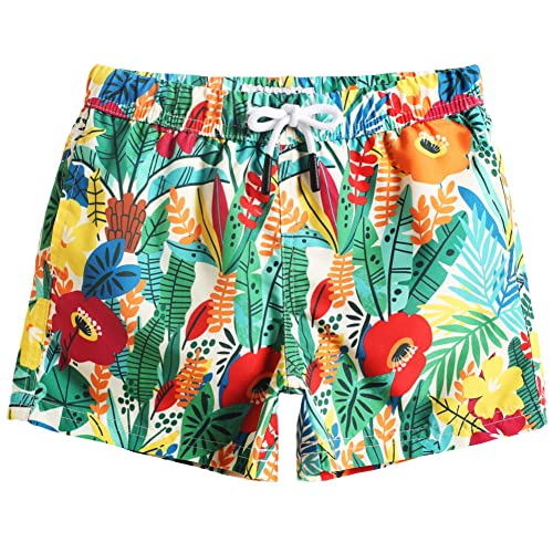 MaaMgic Badehose Jungen Sommer Badeshorts Schnelltrocknend Boardshorts mit Netzfutter Taschen und Verstellbarem Tunnelzug Urlaub Shorts,Cartoon Blume Lotosblatt 2,10-12 Jahre von MaaMgic