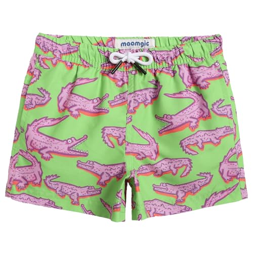 MaaMgic Badehose Jungen Sommer Badeshorts Schnelltrocknend Boardshorts mit Netzfutter Taschen und Verstellbarem Tunnelzug Urlaub Shorts,Krokodil Hellgrün Rosa Lila,10-12 Jahre von MaaMgic