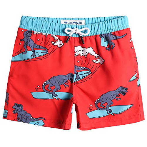 MaaMgic Badehose Jungen Sommer Badeshorts Schnelltrocknend Boardshorts mit Netzfutter Taschen und Verstellbarem Tunnelzug Urlaub Shorts Dinosaurier Rot,2 Jahre von MaaMgic