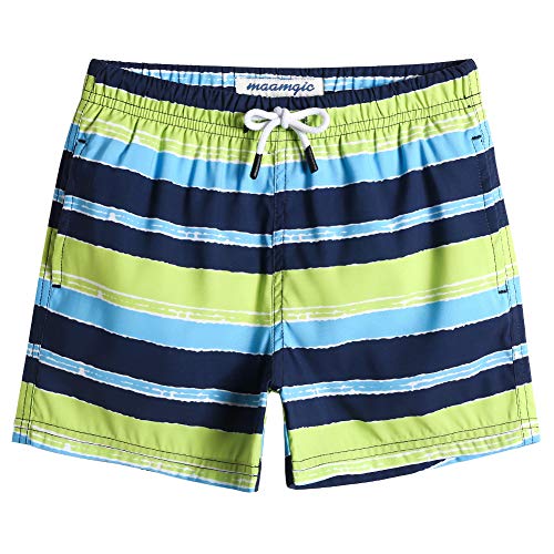 MaaMgic Badehose Jungen Sommer Badeshorts Schnelltrocknend Boardshorts mit Netzfutter Taschen und Verstellbarem Tunnelzug Urlaub Shorts Gestreift Blau Grün,10-12 Jahre von MaaMgic