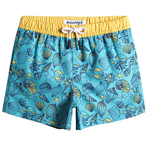 MaaMgic Badehose Jungen Sommer Badeshorts Schnelltrocknend Boardshorts mit Netzfutter Taschen und Verstellbarem Tunnelzug Urlaub Shorts Schnecke Gelb Blau,7 Jahre von MaaMgic