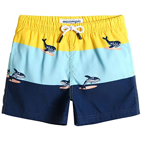 MaaMgic Badehose Jungen Sommer Badeshorts Schnelltrocknend Boardshorts mit Netzfutter Taschen und Verstellbarem Tunnelzug Urlaub Shorts Wal Gelb Blau Navy,5-6 Jahre alt von MaaMgic