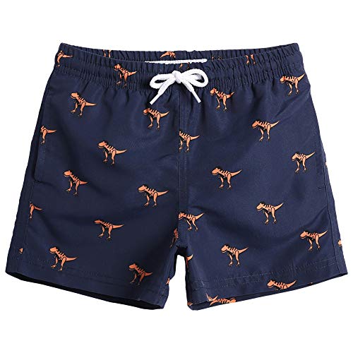 MaaMgic Kleine Jungen Badeshorts Schnelltrocknend Boardshorts mit Mesh-Futter Taschen und Verstellbarem Tunnelzug MEHRWEG, Navy Blau Dinosaurier, 5-6 Jahre alt von MaaMgic