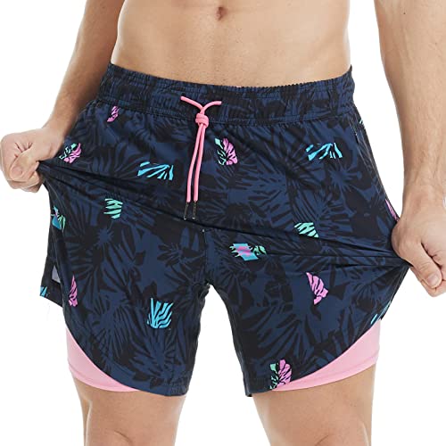 MaaMgic 2 in 1 Badehose für Herren mit Kompression Innenhose | 7" Schnelltrocknend Badeshorts Männer 4 Way Stretch Boardshorts mit Reißverschlusstasche Verstellbar Tunnelzug,S,Blumen Schwarz von MaaMgic