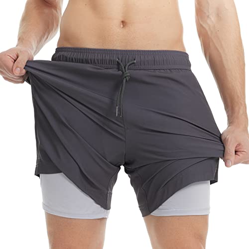 MaaMgic Badehose für Herren Badeshorts mit Kompression 2 in 1 | 7" Schnelltrocknend Strandhose Männer Kurz Swimming Shorts Mit Innenhose Reißverschlusstasche XS-XXL,Dunkelgrau Hellgrau 7,S von MaaMgic