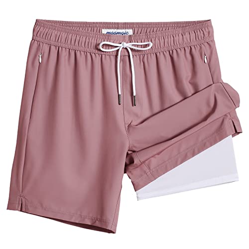 MaaMgic 2 in 1 Badehose für Herren mit Kompression Innenhose | 7" Schnelltrocknend Badeshorts Männer 4 Way Stretch Boardshorts mit Reißverschlusstasche Verstellbar Tunnelzug,XS,Dunkelrosa von MaaMgic