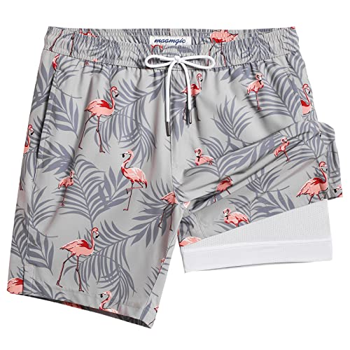 MaaMgic Badehose für Herren Badeshorts mit Kompression 2 in 1 | 7" Schnelltrocknend Strandhose Männer Kurz Swimming Shorts Mit Innenhose Reißverschlusstasche XS-XXL,Flamingo Blätter Grau Rosa 7,L von MaaMgic