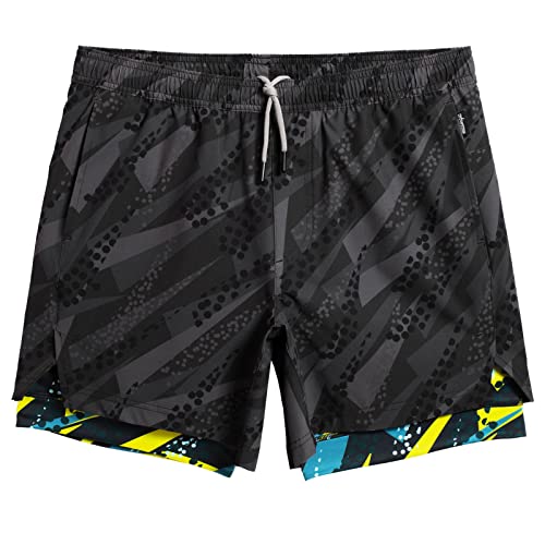 MaaMgic Badehose für Herren Badeshorts mit Kompression 2 in 1 | 7" Schnelltrocknend Strandhose Männer Kurz Swimming Shorts Mit Innenhose Reißverschlusstasche XS-XXL,Grün Gelb Schwarz,XL von MaaMgic