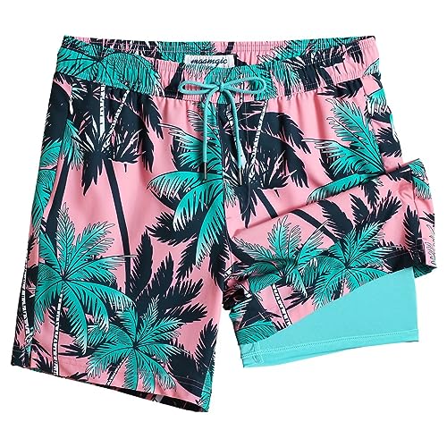 MaaMgic Badehose für Herren Badeshorts mit Kompression 2 in 1 | 7" Schnelltrocknend Strandhose Männer Kurz Swimming Shorts Mit Innenhose Reißverschlusstasche XS-XXL,Grün Kokosnuss Rosa 7,L von MaaMgic