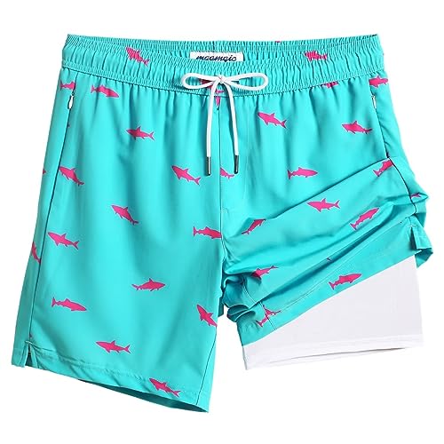 MaaMgic Badehose für Herren Badeshorts mit Kompression 2 in 1 | 7" Schnelltrocknend Strandhose Männer Kurz Swimming Shorts Mit Innenhose Reißverschlusstasche XS-XXL,Hellblau Rosa Hai 7,L von MaaMgic