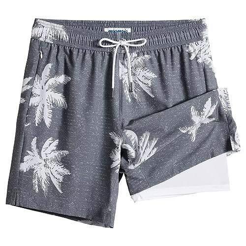 MaaMgic 2 in 1 Badehose für Herren mit Kompression Innenhose | 7" Schnelltrocknend Badeshorts Männer 4 Way Stretch Boardshorts mit Reißverschlusstasche Verstellbar Tunnelzug,L,Kokosnuss Grau von MaaMgic