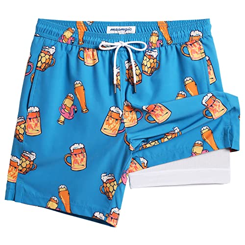 MaaMgic Badehose für Herren Badeshorts mit Kompression 2 in 1 | 7" Schnelltrocknend Strandhose Männer Kurz Swimming Shorts Mit Innenhose Reißverschlusstasche XS-XXL,New Bier Flamingo Blau 7,L von MaaMgic