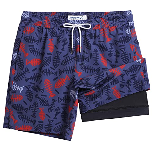 MaaMgic Badehose für Herren Badeshorts mit Kompression 2 in 1 | 7" Schnelltrocknend Strandhose Männer Kurz Swimming Shorts Mit Innenhose Reißverschlusstasche XS-XXL,New Gräte Navy Schwarz 7,L von MaaMgic