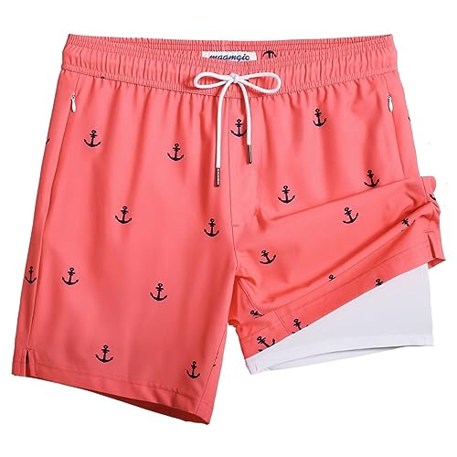 MaaMgic Badehose für Herren Badeshorts mit Kompression 2 in 1 | 7" Schnelltrocknend Strandhose Männer Kurz Swimming Shorts Mit Innenhose Reißverschlusstasche XS-XXL,Rosa Anker 7,L von MaaMgic