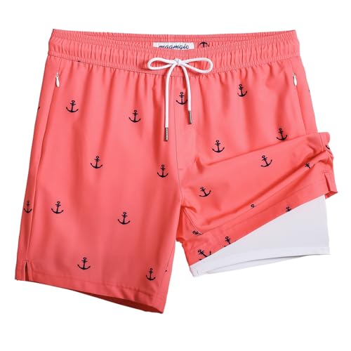 MaaMgic 2 in 1 Badehose für Herren mit Kompression Innenhose | 7" Schnelltrocknend Badeshorts Männer 4 Way Stretch Boardshorts mit Reißverschlusstasche Verstellbar Tunnelzug,XXL,Rosa Anker von MaaMgic