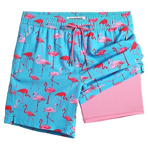 MaaMgic Badehose für Herren Badeshorts mit Kompression 2 in 1 | 7" Schnelltrocknend Strandhose Männer Kurz Swimming Shorts Mit Innenhose Reißverschlusstasche XS-XXL,Rosa Flamingo Hellblau 7,L von MaaMgic