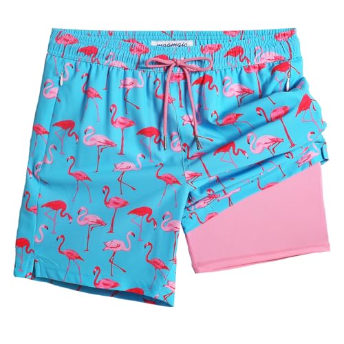 MaaMgic 2 in 1 Badehose für Herren mit Kompression Innenhose | 7" Schnelltrocknend Badeshorts Männer 4 Way Stretch Boardshorts Reißverschlusstasche Verstellbar Tunnelzug,XXL,Rosa Flamingo Hellblau von MaaMgic