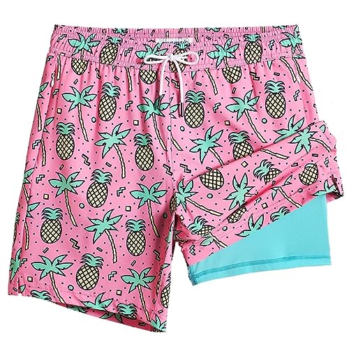 MaaMgic Badehose für Herren Badeshorts mit Kompression 2 in 1 | 7" Schnelltrocknend Strandhose Männer Kurz Swimming Shorts Mit Innenhose Reißverschlusstasche XS-XXL,Rose Kokosnuss Ananas 7,L von MaaMgic