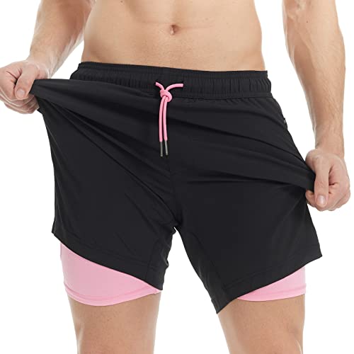 MaaMgic Badehose für Herren Badeshorts mit Kompression 2 in 1 | 7" Schnelltrocknend Strandhose Männer Kurz Swimming Shorts Mit Innenhose Reißverschlusstasche XS-XXL,Schwarz Rosa 7,M von MaaMgic