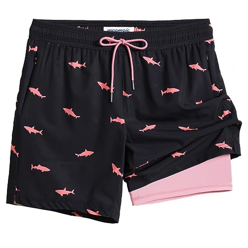 MaaMgic Badehose für Herren Badeshorts mit Kompression 2 in 1 | 7" Schnelltrocknend Strandhose Männer Kurz Swimming Shorts Mit Innenhose Reißverschlusstasche XS-XXL,Schwarz Rosa Hai 7,M von MaaMgic