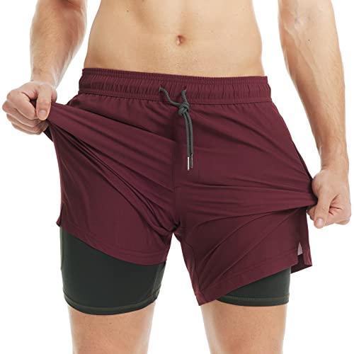 MaaMgic Badehose für Herren Badeshorts mit Kompression 2 in 1 | 7" Schnelltrocknend Strandhose Männer Kurz Swimming Shorts Mit Innenhose Reißverschlusstasche XS-XXL,Weinrot Dunkelgrün 7,M von MaaMgic