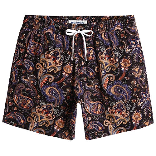 MaaMgic Herren kurz Badeshorts 4 Way Stretch Boardshorts Schnelltrocknend mit Mesh-Futter und Verstellbarem Tunnelzug MEHRWEG, Paisley Schwarz Gold Lila, S von MaaMgic