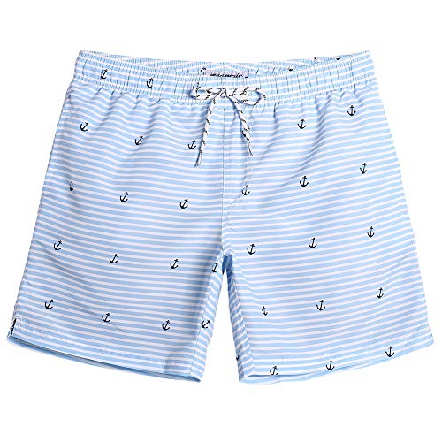 MaaMgic Badehose für Herren Jungen Badeshorts für Männer Schnelltrocknend Surfen Strandhose Surf Shorts mit Mash-Innenfutter MEHRWEG, Weiß Blau Anker, XS von MaaMgic