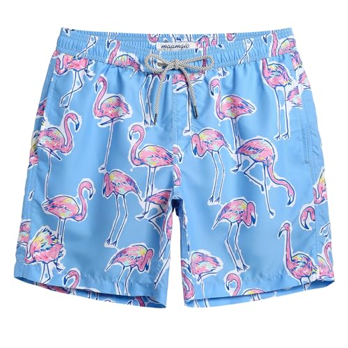 MaaMgic Badehose für Herren Jungen Badeshorts für Männer Schnelltrocknend Surfen Strandhose Surf Shorts mit Mash-Innenfutter MEHRWEG,Seenebelblau mit Flamingo in Pfauenfarbe,L von MaaMgic