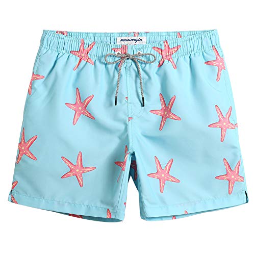 MaaMgic Badehose für Herren Jungen Badeshorts für Männer Schnelltrocknend Surfen Strandhose Surf Shorts mit Mash-Innenfutter MEHRWEG, Hellblau Seestern, XL von MaaMgic