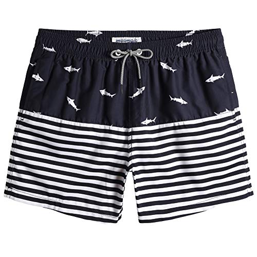 MaaMgic 5.5" Herren Badeshorts, kurz Badehose Boardshorts für Männer mit Kordelzug, Schnelltrocknend Kurze Hosen mit Mesh-Futter MEHRWEG,Navy Gestreift Hai,Large von MaaMgic