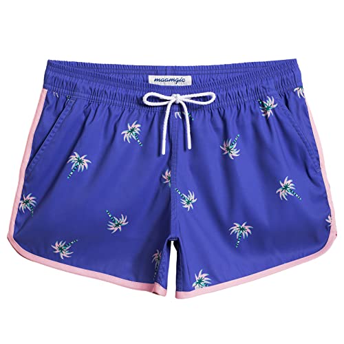 MaaMgic Badeshorts Damen Damen-Shorts mit Netztasche Schnelltrocknende Hotpants Atmungsaktiv Sport Shorts Blau-Rosa Kokosnussbaum L von MaaMgic