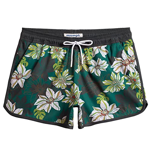 MaaMgic Badeshorts Damen Damen-Shorts mit Netztasche Schnelltrocknende Hotpants Atmungsaktiv Sport Shorts Dunkelgrün-Weiß Blumen S von MaaMgic