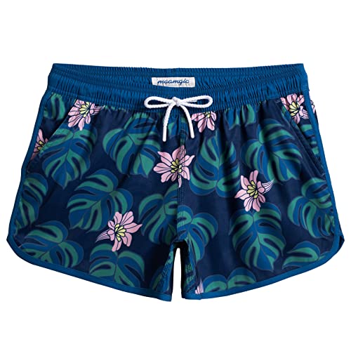 MaaMgic Badeshorts Damen Damen-Shorts mit Netztasche Schnelltrocknende Hotpants Atmungsaktiv Sport Shorts Rosa Blumen- Marineblau Blätter L von MaaMgic