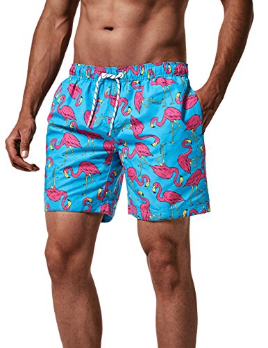 MaaMgic Herren Badeshorts SCHNELLTROCKNEND Boardshorts Trainingshose mit Mesh-Futter und Verstellbarem Tunnelzug MEHRWEG Blau Pink Flamingo XL von MaaMgic