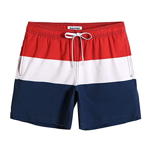 MaaMgic Herren 4 Way Stretch Badehose Schnelltrocknend Badeshorts Kurz Beachshorts für Strand und Wassersport MEHRWEG, Rot Weiß Blau, L von MaaMgic