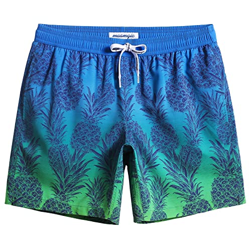 MaaMgic Herren 4 Way Stretch Badehose Schnelltrocknend Badeshorts Kurz Beachshorts für Strand und Wassersport MEHRWEG,Ananas Blau Grün 7,S von MaaMgic