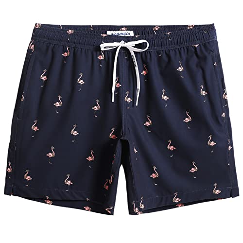 MaaMgic Herren 4 Way Stretch Badehose Schnelltrocknend Badeshorts Kurz Beachshorts für Strand und Wassersport MEHRWEG,Blumen Flamingo Navy 7,M von MaaMgic