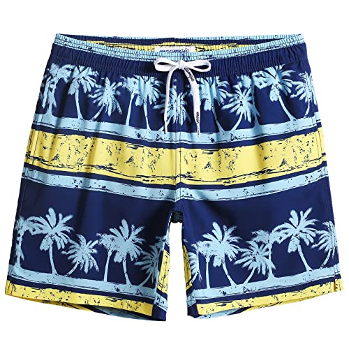 MaaMgic Herren 4 Way Stretch Badehose Schnelltrocknend Badeshorts Kurz Beachshorts für Strand und Wassersport MEHRWEG,Kokosnuss Gestreift Gelb Navy 7,M von MaaMgic