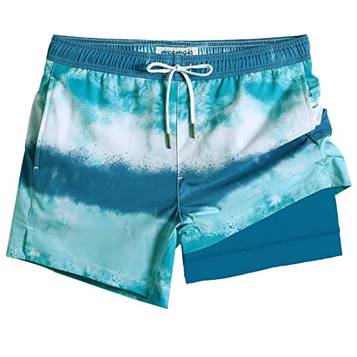 MaaMgic Herren Badehose Badeshorts für Männer 2 in 1 | 4 Way Stretch Schnelltrocknend Boardshorts | Kurze Schwimmhose Strand Beach Shorts | Mit Kompression, Reißverschlusstasche,Blau Grün Weiß,S von MaaMgic