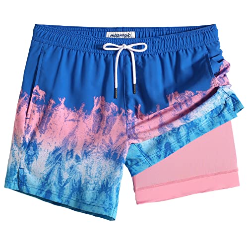 MaaMgic Herren Badehose Badeshorts für Männer 2 in 1 | 4 Way Stretch Schnelltrocknend Boardshorts | Kurze Schwimmhose Strand Beach Shorts | Mit Kompression Futter, Reißverschlusstasche,Hell Blau,XS von MaaMgic