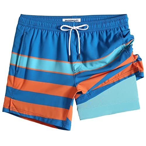 MaaMgic Herren Badehose Badeshorts für Männer 2 in 1 | 4 Way Stretch Schnelltrocknend Boardshorts | Kurze Schwimmhose Strand Beach Shorts | Mit Kompression Futter, Reißverschlusstasche,Orange Blau,XL von MaaMgic