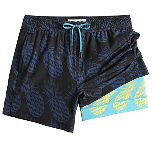 MaaMgic Herren Badehose Badeshorts für Männer 2 in 1 | 4 Way Stretch Schnelltrocknend Boardshorts | Kurze Schwimmhose Strand Beach Shorts | Mit Kompression Futter, Reißverschlusstasche,Schwarz,M von MaaMgic