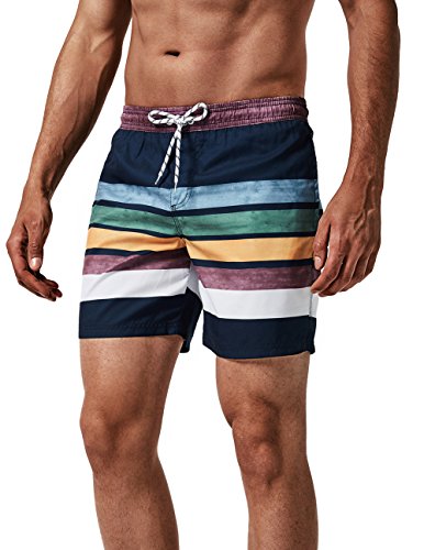 MaaMgic Herren Badeshorts SCHNELLTROCKNEND Boardshorts Trainingshose mit Mesh-Futter und Verstellbarem Tunnelzug MEHRWEG, Navy Blau Streifen,XL von MaaMgic