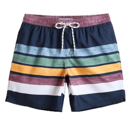 MaaMgic Herren Badeshorts SCHNELLTROCKNEND Boardshorts Trainingshose mit Mesh-Futter und Verstellbarem Tunnelzug MEHRWEG, Navy Blau Streifen,XL von MaaMgic