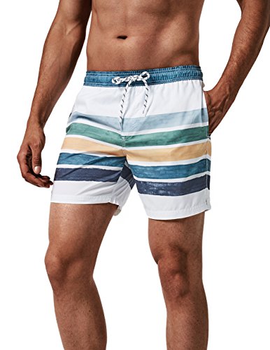 MaaMgic Herren Badeshorts SCHNELLTROCKNEND Boardshorts Trainingshose mit Mesh-Futter und Verstellbarem Tunnelzug MEHRWEG, Weiß Blau Gestreift,M von MaaMgic