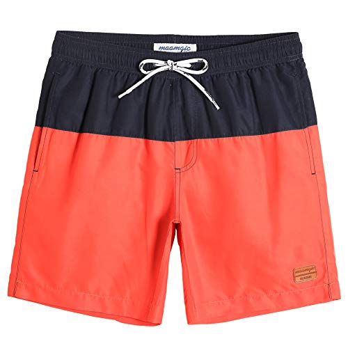 MaaMgic Badehose Herren Badeshorts für Herren Schnelltrocknend Badehosen Elastisch Verstellbar Surf Boardshorts mit Mash-Innenfutter Navy Blau Orange L von MaaMgic