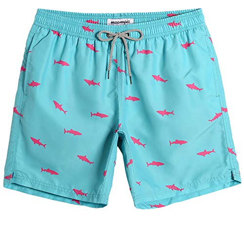 MaaMgic Badehose Herren Schnelltrocknende Badeshorts Jungen Strand Strandurlaub Surf Freizeit Laufen Sport mit Netzfutter Taschen einstellbare Kordelzug MEHRWEG-L-Hai Hellblau von MaaMgic